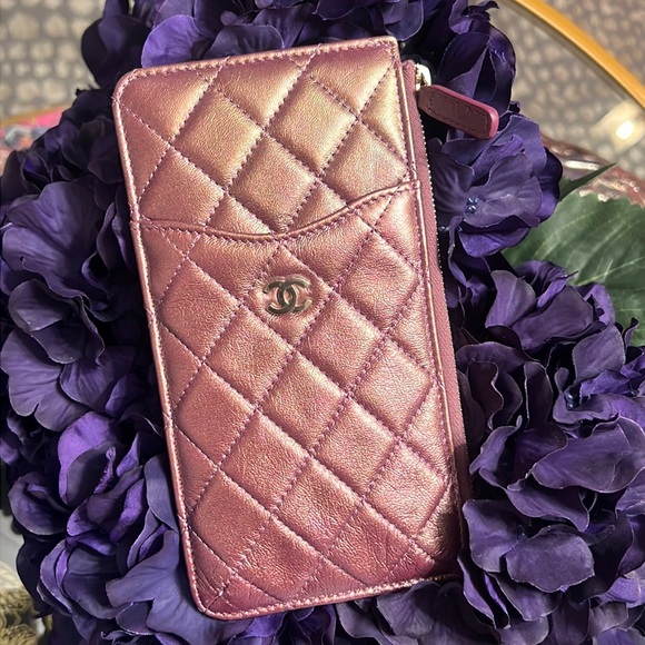 CHANEL Handbags - Chanel Metallic Aged Calfskin Quilted Classic Flat Wallet Pouch Pink Iridescent